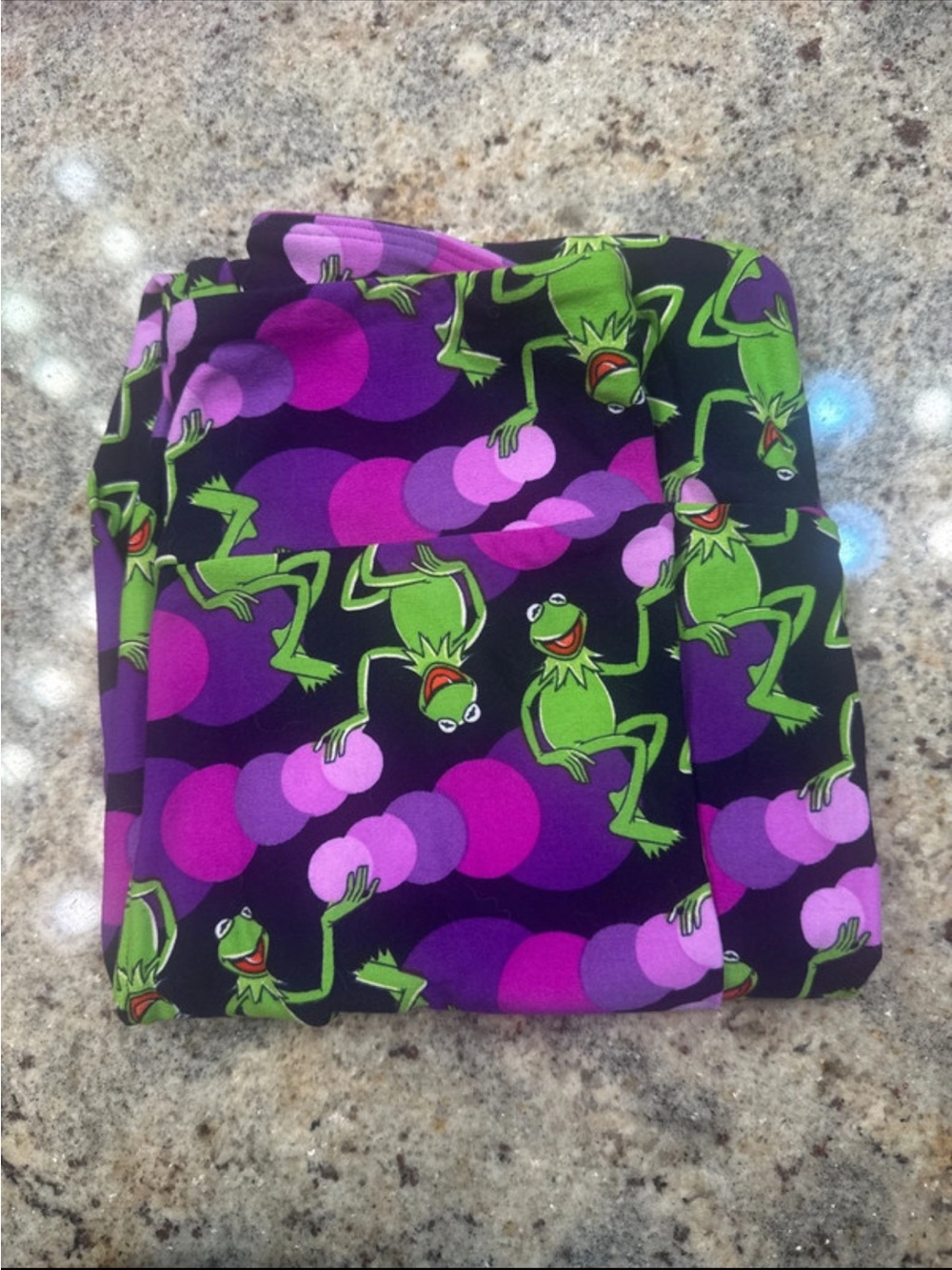 LuLaRoe Leggings with Green Kermit the Frog Print on Purple and Black